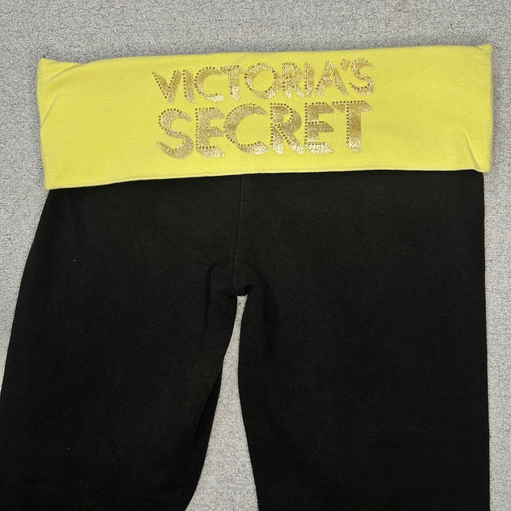 Victoria's Secret Foldover Leggings 2012 Bling Sz S Black Yellow Crop Trendy Y2K